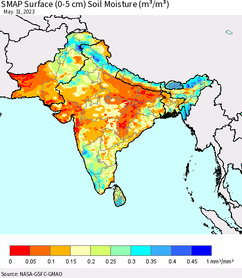 Southern Asia SMAP Surface (0-5 cm) Soil Moisture (m³/m³) Thematic Map For 5/26/2023 - 5/31/2023