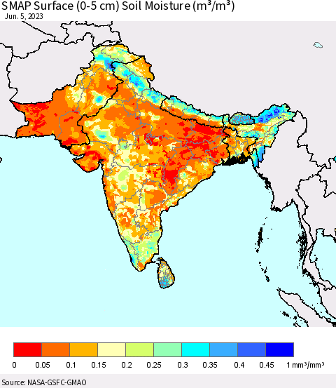 Southern Asia SMAP Surface (0-5 cm) Soil Moisture (m³/m³) Thematic Map For 6/1/2023 - 6/5/2023