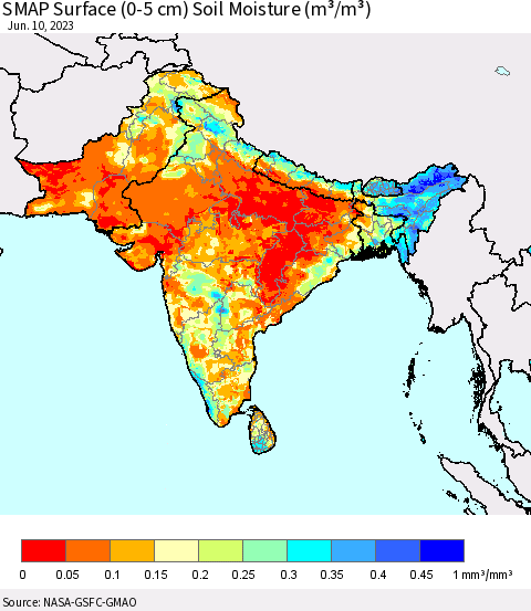 Southern Asia SMAP Surface (0-5 cm) Soil Moisture (m³/m³) Thematic Map For 6/6/2023 - 6/10/2023