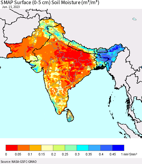 Southern Asia SMAP Surface (0-5 cm) Soil Moisture (m³/m³) Thematic Map For 6/11/2023 - 6/15/2023