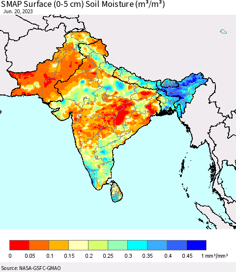 Southern Asia SMAP Surface (0-5 cm) Soil Moisture (m³/m³) Thematic Map For 6/16/2023 - 6/20/2023