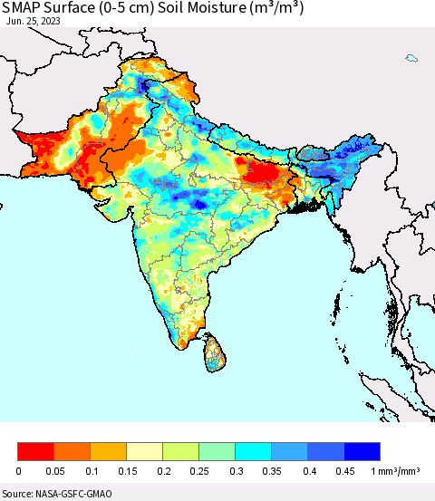 Southern Asia SMAP Surface (0-5 cm) Soil Moisture (m³/m³) Thematic Map For 6/21/2023 - 6/25/2023