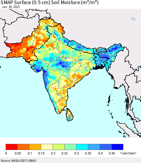 Southern Asia SMAP Surface (0-5 cm) Soil Moisture (m³/m³) Thematic Map For 6/26/2023 - 6/30/2023