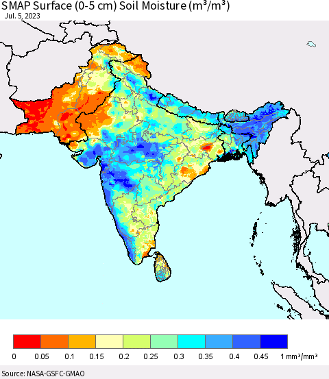 Southern Asia SMAP Surface (0-5 cm) Soil Moisture (m³/m³) Thematic Map For 7/1/2023 - 7/5/2023