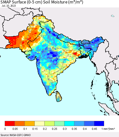 Southern Asia SMAP Surface (0-5 cm) Soil Moisture (m³/m³) Thematic Map For 7/6/2023 - 7/10/2023