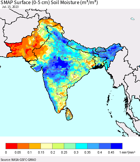 Southern Asia SMAP Surface (0-5 cm) Soil Moisture (m³/m³) Thematic Map For 7/11/2023 - 7/15/2023