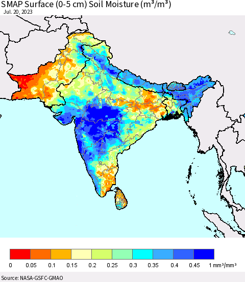Southern Asia SMAP Surface (0-5 cm) Soil Moisture (m³/m³) Thematic Map For 7/16/2023 - 7/20/2023