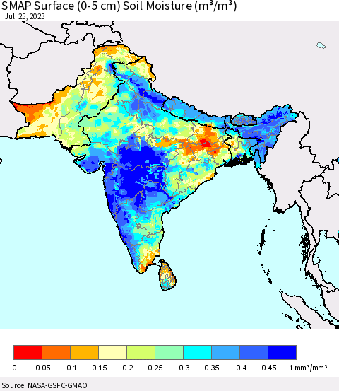 Southern Asia SMAP Surface (0-5 cm) Soil Moisture (m³/m³) Thematic Map For 7/21/2023 - 7/25/2023
