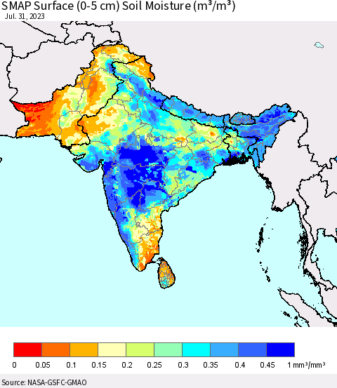 Southern Asia SMAP Surface (0-5 cm) Soil Moisture (m³/m³) Thematic Map For 7/26/2023 - 7/31/2023