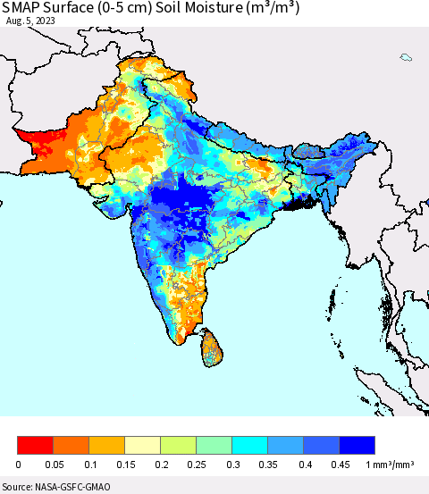 Southern Asia SMAP Surface (0-5 cm) Soil Moisture (m³/m³) Thematic Map For 8/1/2023 - 8/5/2023