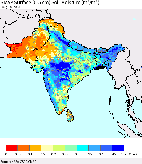 Southern Asia SMAP Surface (0-5 cm) Soil Moisture (m³/m³) Thematic Map For 8/6/2023 - 8/10/2023