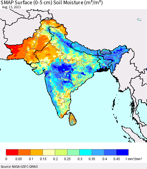 Southern Asia SMAP Surface (0-5 cm) Soil Moisture (m³/m³) Thematic Map For 8/11/2023 - 8/15/2023