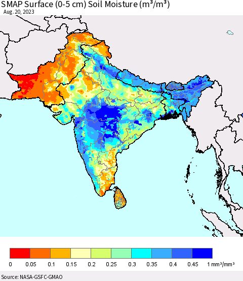 Southern Asia SMAP Surface (0-5 cm) Soil Moisture (m³/m³) Thematic Map For 8/16/2023 - 8/20/2023