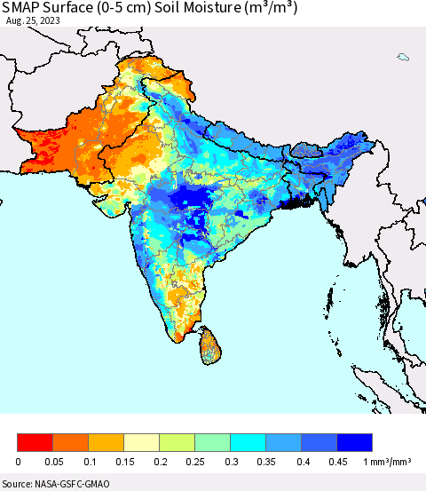 Southern Asia SMAP Surface (0-5 cm) Soil Moisture (m³/m³) Thematic Map For 8/21/2023 - 8/25/2023