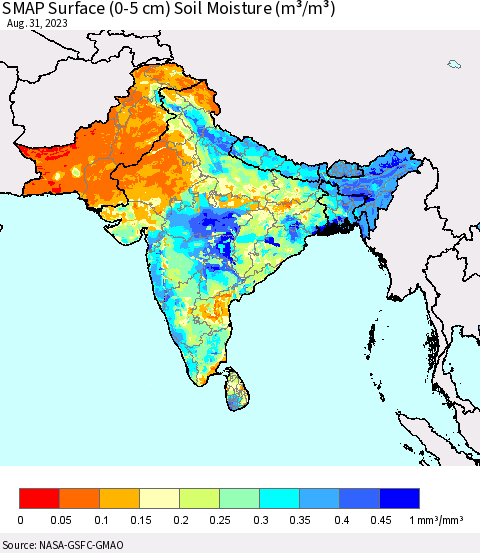 Southern Asia SMAP Surface (0-5 cm) Soil Moisture (m³/m³) Thematic Map For 8/26/2023 - 8/31/2023