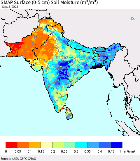 Southern Asia SMAP Surface (0-5 cm) Soil Moisture (m³/m³) Thematic Map For 9/1/2023 - 9/5/2023