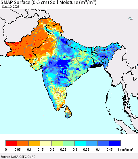 Southern Asia SMAP Surface (0-5 cm) Soil Moisture (m³/m³) Thematic Map For 9/6/2023 - 9/10/2023