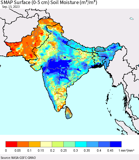 Southern Asia SMAP Surface (0-5 cm) Soil Moisture (m³/m³) Thematic Map For 9/11/2023 - 9/15/2023
