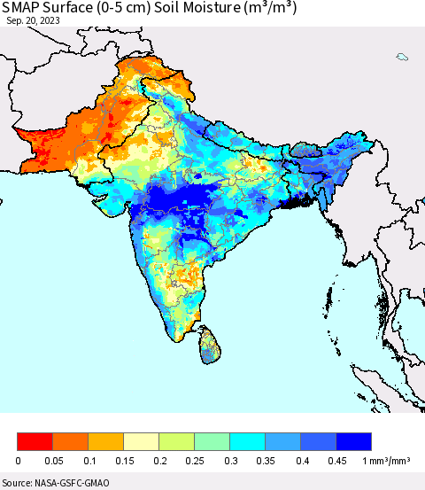 Southern Asia SMAP Surface (0-5 cm) Soil Moisture (m³/m³) Thematic Map For 9/16/2023 - 9/20/2023