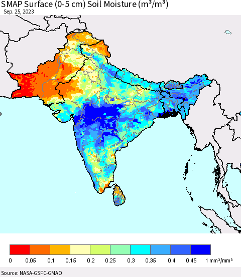 Southern Asia SMAP Surface (0-5 cm) Soil Moisture (m³/m³) Thematic Map For 9/21/2023 - 9/25/2023