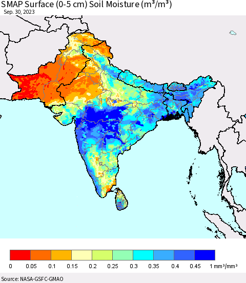 Southern Asia SMAP Surface (0-5 cm) Soil Moisture (m³/m³) Thematic Map For 9/26/2023 - 9/30/2023