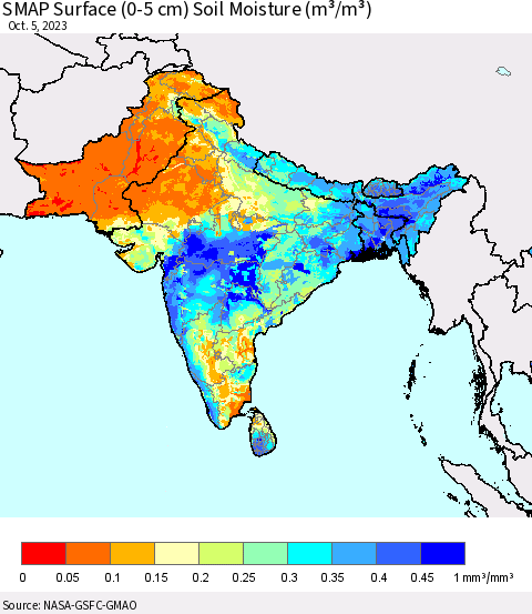 Southern Asia SMAP Surface (0-5 cm) Soil Moisture (m³/m³) Thematic Map For 10/1/2023 - 10/5/2023