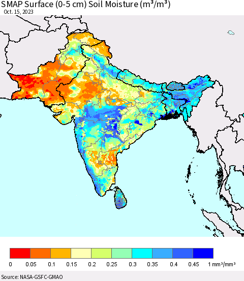 Southern Asia SMAP Surface (0-5 cm) Soil Moisture (m³/m³) Thematic Map For 10/11/2023 - 10/15/2023