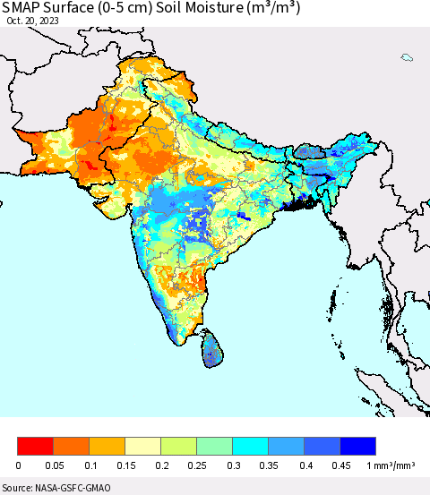 Southern Asia SMAP Surface (0-5 cm) Soil Moisture (m³/m³) Thematic Map For 10/16/2023 - 10/20/2023