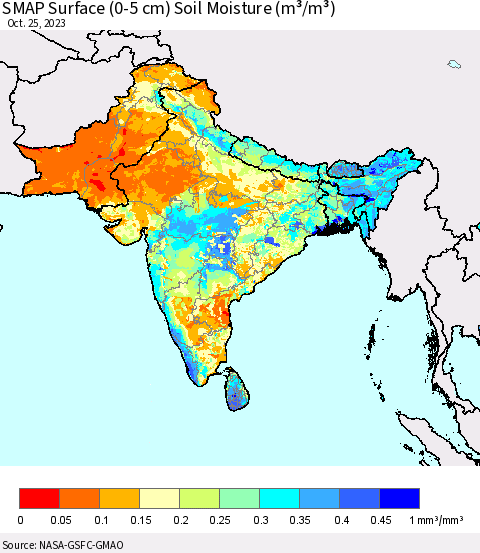 Southern Asia SMAP Surface (0-5 cm) Soil Moisture (m³/m³) Thematic Map For 10/21/2023 - 10/25/2023