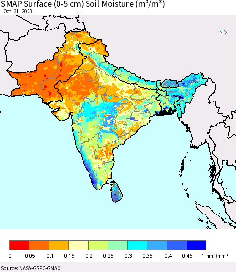 Southern Asia SMAP Surface (0-5 cm) Soil Moisture (m³/m³) Thematic Map For 10/26/2023 - 10/31/2023