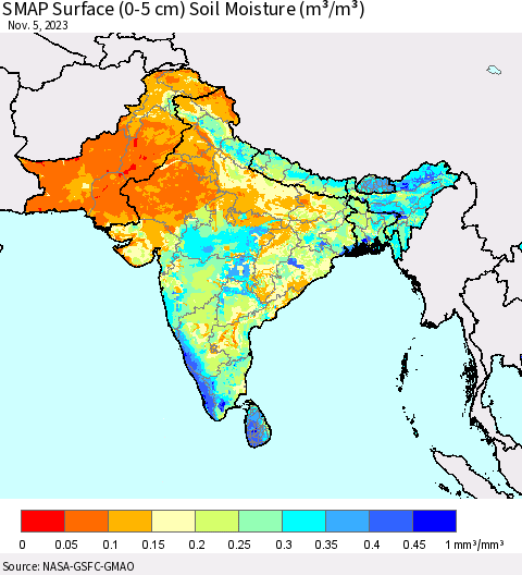 Southern Asia SMAP Surface (0-5 cm) Soil Moisture (m³/m³) Thematic Map For 11/1/2023 - 11/5/2023