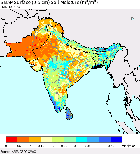 Southern Asia SMAP Surface (0-5 cm) Soil Moisture (m³/m³) Thematic Map For 11/11/2023 - 11/15/2023