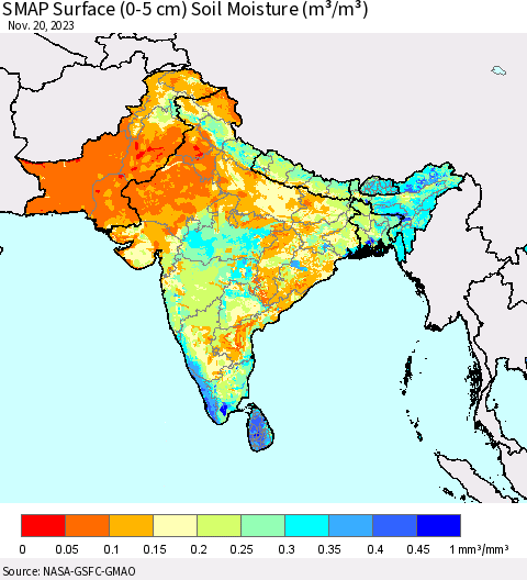Southern Asia SMAP Surface (0-5 cm) Soil Moisture (m³/m³) Thematic Map For 11/16/2023 - 11/20/2023
