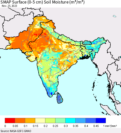 Southern Asia SMAP Surface (0-5 cm) Soil Moisture (m³/m³) Thematic Map For 11/21/2023 - 11/25/2023