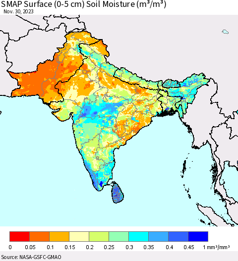Southern Asia SMAP Surface (0-5 cm) Soil Moisture (m³/m³) Thematic Map For 11/26/2023 - 11/30/2023