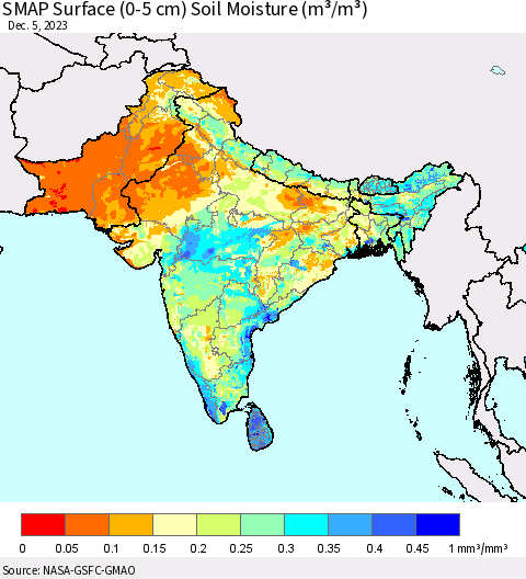 Southern Asia SMAP Surface (0-5 cm) Soil Moisture (m³/m³) Thematic Map For 12/1/2023 - 12/5/2023