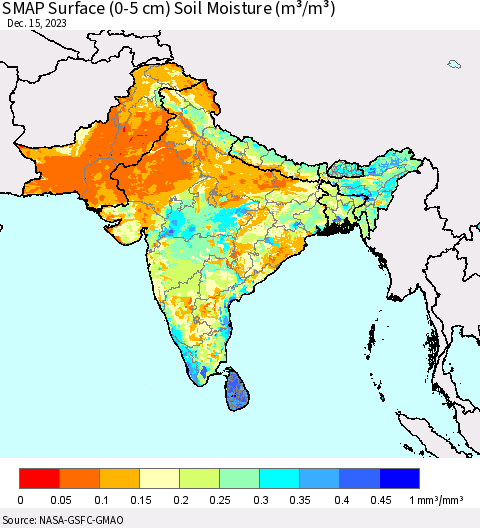 Southern Asia SMAP Surface (0-5 cm) Soil Moisture (m³/m³) Thematic Map For 12/11/2023 - 12/15/2023