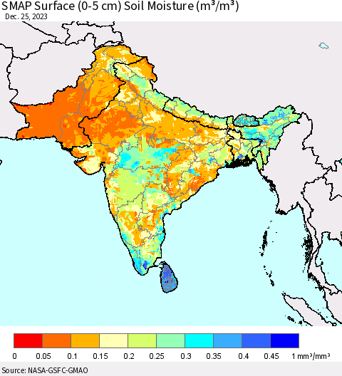 Southern Asia SMAP Surface (0-5 cm) Soil Moisture (m³/m³) Thematic Map For 12/21/2023 - 12/25/2023