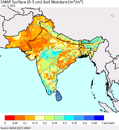 Southern Asia SMAP Surface (0-5 cm) Soil Moisture (m³/m³) Thematic Map For 1/1/2024 - 1/5/2024