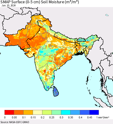Southern Asia SMAP Surface (0-5 cm) Soil Moisture (m³/m³) Thematic Map For 1/6/2024 - 1/10/2024