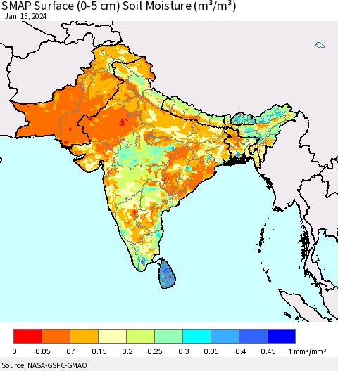 Southern Asia SMAP Surface (0-5 cm) Soil Moisture (m³/m³) Thematic Map For 1/11/2024 - 1/15/2024