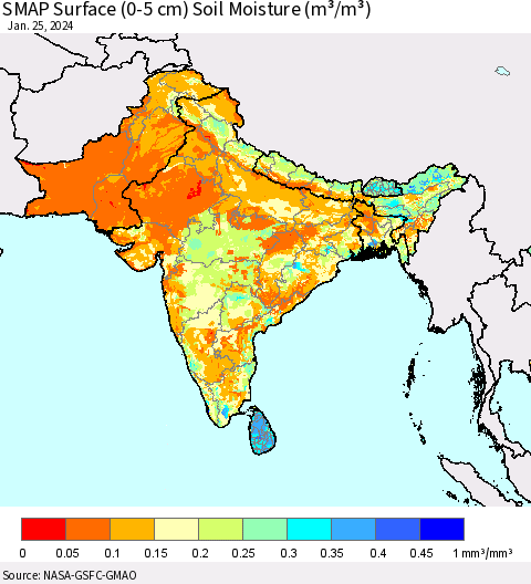 Southern Asia SMAP Surface (0-5 cm) Soil Moisture (m³/m³) Thematic Map For 1/21/2024 - 1/25/2024