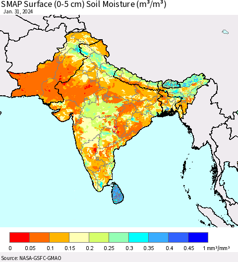 Southern Asia SMAP Surface (0-5 cm) Soil Moisture (m³/m³) Thematic Map For 1/26/2024 - 1/31/2024