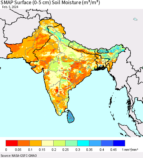 Southern Asia SMAP Surface (0-5 cm) Soil Moisture (m³/m³) Thematic Map For 2/1/2024 - 2/5/2024