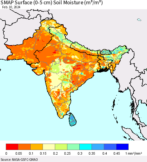 Southern Asia SMAP Surface (0-5 cm) Soil Moisture (m³/m³) Thematic Map For 2/6/2024 - 2/10/2024