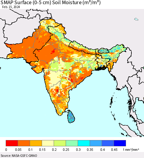 Southern Asia SMAP Surface (0-5 cm) Soil Moisture (m³/m³) Thematic Map For 2/11/2024 - 2/15/2024