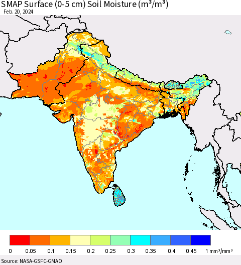 Southern Asia SMAP Surface (0-5 cm) Soil Moisture (m³/m³) Thematic Map For 2/16/2024 - 2/20/2024