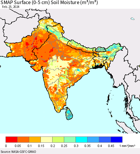 Southern Asia SMAP Surface (0-5 cm) Soil Moisture (m³/m³) Thematic Map For 2/21/2024 - 2/25/2024