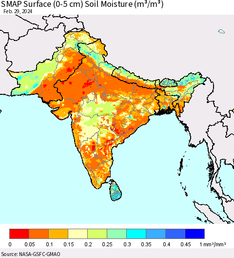 Southern Asia SMAP Surface (0-5 cm) Soil Moisture (m³/m³) Thematic Map For 2/26/2024 - 2/29/2024