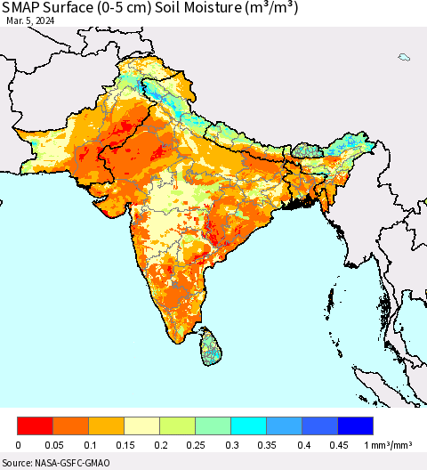 Southern Asia SMAP Surface (0-5 cm) Soil Moisture (m³/m³) Thematic Map For 3/1/2024 - 3/5/2024